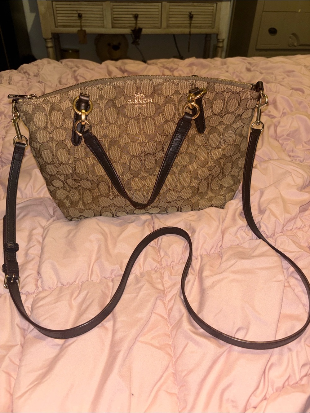 Signature Coach Tote Handbag Crossbody Authentic Leather  Khaki Fabric vintage
